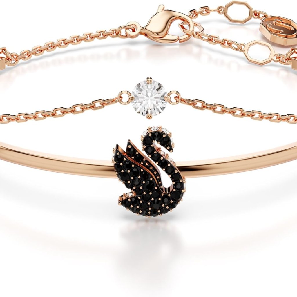 Sophisticated Swan Motif Bracelet With Black Crystals - Medium Size Luxury